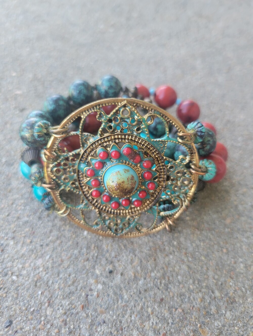 Boho Southwestern Statement Bracelet Turquoise Red Beaded Medallion Cuff